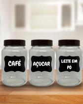 Kit Cantinho do Café 3 Potes Vidro 600 ML Com Caneta p/ escrever: Café, Açúcar, Biscoito, Chocolate