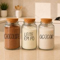 Kit Cantinho do Café Chocolate Açúcar Leite em pó 3 potes de Vidro 810 ml tampa rolha cortiça