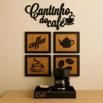 Kit Cantinho do Café em MDF com Bandeja, Quadros Decorativos e Frase, Decoração para Cozinha e Escritório