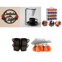 Kit Cantinho do Café Suportes: Mini Coador e Porta Cápsulas 1 Xícara com Pires 4 Canecas Porcelana 220ml