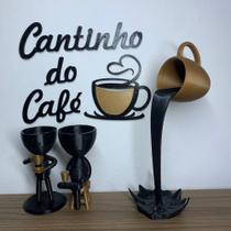 Kit Cantinho Do Café - Vasinhos, Xícara Flutuante E Letreiro - Preto/Dourado - Bizza Art e Decor