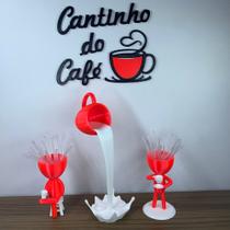 Kit Cantinho Do Café - Vasinhos, Xícara Flutuante E Letreiro - Vermelho Fluorescente - Bizza Art e Decor