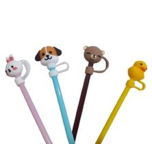 Kit canudo de plastico com tampa protetora reto reutilizavel c/enfeite 4 pcs 25cm