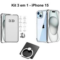 Kit Capa Anti Choque Transparente + Película 3D de Vidro + Suporte de Anel para Iphone 15