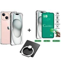 Kit Capa Anti Choque Transparente + Película de Cerâmica + Suporte de Anel para Iphone 15 Plus