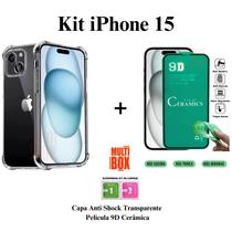 Kit Capa Anti Impacto Transparente + Película de Cerâmica Flexível 9D para Iphone 15 Kit Capa Anti Impacto Transparente + Película de Cerâmica Flexível 9D para Iphone 15