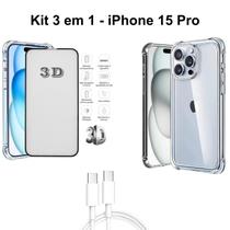 Kit Capa Anti Impactos Transparente + Película 3D de Vidro + Cabo Tipo C para Iphone 15 Pro Kit Capa Anti Impactos Transparente + Película 3D de Vidro + Cabo Tipo C para Iphone 15 Pro