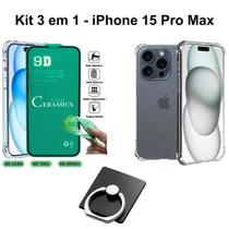 Kit Capa Anti Impactos Transparente + Película de Cerâmica + Suporte de Anel para Iphone 15 Pro Max