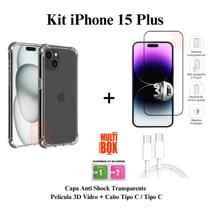 Kit Capa Anti Shock + Película 3D + Cabo Carregador Tipo C - Tipo C para Iphone 15 15 PRO 15 PRO MAX 15 PLUS Kit Capa Anti Shock + Película 3D + Cabo Carregador Tipo C - Tipo C para Iphone 15 15 PRO 15 PRO MAX 15 PLUS