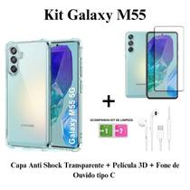 Kit Capa Anti Shock Transparente + Película 3D de Vidro + Fone de Ouvido para Samsung Galaxy M55