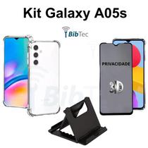 Kit Capa Anti Shock Transparente + Película 3D Privacidade + Suporte de Mesa para Samsung Galaxy A05s Kit Capa Anti Shock Transparente + Película 3D Privacidade + Suporte de Mesa para Samsung Galaxy A05s