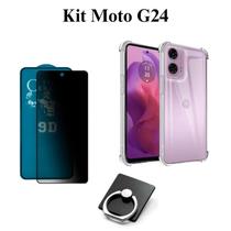 Kit Capa Anti Shock Transparente + Película Fosca Privacidade + Suporte de Anel para Motorola Moto G24