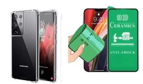 Kit Capa Antishock Borda Reforçada Compatível Galaxy S22 Ultra + Película 9D Cerâmica Nano