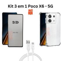 Kit Capa Capinha Anti Impacto + Película 3D de Vidro + Cabo USB Tipo C para Poco X6 5G