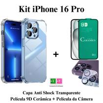 Kit Capa Capinha Anti Impacto + Pelicula de Cerâmica + Pelicula de Câmera Para Iphone 16 Pro