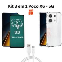 Kit Capa Capinha Anti Impacto + Película Fosca Privacidade + Cabo USB Tipo C Para Poco X6 5G