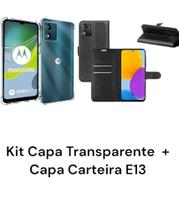 Kit Capa Capinha Anti Impacto Transparente + Capa Carteira Preta Para Motorola Moto E13