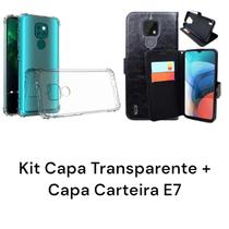 Kit Capa Capinha Anti Impacto Transparente + Capa Carteira Preta Para Motorola Moto E7
