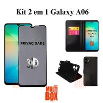 Kit Capa Capinha Celular Carteira para Samsung Galaxy A06 + Película Privacidade 3D de Vidro