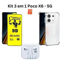 Kit Capa Capinha Transparente Anti Impacto + Película de Cerâmica Fosca + Fone de Ouvido Para Poco X6 5G Kit Capa Capinha Transparente Anti Impacto + Película de Cerâmica Fosca + Fone de Ouvido Para Poco X6 5G
