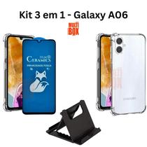 Kit Capa Capinha Transparente Anti Impacto + Película Fosca Privacidade + Suporte de Mesa Para Samsung Galaxy A06 Kit Capa Capinha Transparente Anti Impacto + Película Fosca Privacidade + Suporte de Mesa Para Samsung Galaxy A06