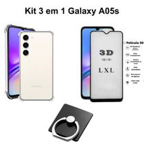 Kit Capa Capinha Transparente + Película 3D de Vidro + Suporte de Anel para Samsung Galaxy A05S Kit Capa Capinha Transparente + Película 3D de Vidro + Suporte de Anel para Samsung Galaxy A05S