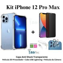 Kit Capa Capinha Transparente + Película 3D Privacidade + Película Câmera Traseira + Cabo IOS/USB para Iphone 12 Pro Max