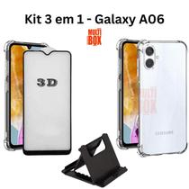 Kit Capa Capinha Transparente + Película 3D + Suporte de Mesa para Samsung Galaxy A06 Kit Capa Capinha Transparente + Película 3D + Suporte de Mesa para Samsung Galaxy A06