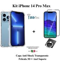 Kit Capa Capinha Transparente + Película 3D Vidro + Anel Suporte para Iphone 14 Pro Max