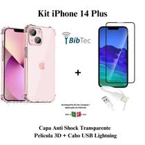 Kit Capa Capinha Transparente + Película 3D Vidro + Cabo IOS/USB para Iphone 14 Plus