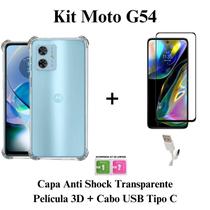 Kit Capa Capinha Transparente + Película 3D Vidro + Cabo USB Tipo C para Moto G54