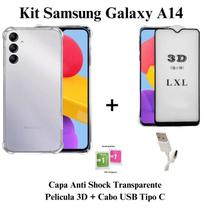 Kit Capa Capinha Transparente + Película 3D Vidro + Cabo USB Tipo C para Samsung Galaxy A14
