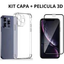 Kit Capa Capinha Transparente + Película 3D Vidro para Iphone 15 Pro