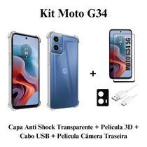 Kit Capa Capinha Transparente + Película 3D Vidro + Película Câmera + Cabo USB Tipo C para Moto G34