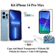 Kit Capa Capinha Transparente + Película 3D Vidro + Película Câmera Traseira + Cabo IOS/USB para Iphone 14 Pro Max