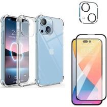 Kit Capa Capinha Transparente + Película 3D Vidro + Película Câmera Traseira para Iphone 15