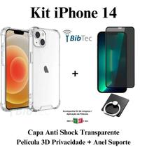 Kit Capa Capinha Transparente + Película 3D Vidro Privacidade + Anel Suporte para Iphone 14 Kit Capa Capinha Transparente + Película 3D Vidro Privacidade + Anel Suporte para Iphone 14