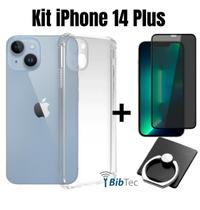 Kit Capa Capinha Transparente + Película 3D Vidro Privacidade + Suporte Anel para Iphone 14 Plus