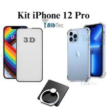 Kit Capa Capinha Transparente + Película 3D Vidro + Suporte de Anel para Iphone 12 Pro