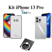 Kit Capa Capinha Transparente + Película 3D Vidro + Suporte de Anel para Iphone 13 Pro