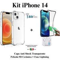 Kit Capa Capinha Transparente + Película Cerâmica + Fone de Ouvido para Iphone 14