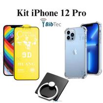 Kit Capa Capinha Transparente + Película Cerâmica Fosca + Suporte de Anel para Iphone 12 Pro