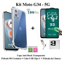 Kit Capa Capinha Transparente + Película Cerâmica + Película Câmera Traseira + Cabo USB Tipo C para Moto G34