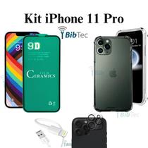 Kit Capa Capinha Transparente + Película Cerâmica + Película de Câmera + Cabo IOS/USB para Iphone 11 Pro