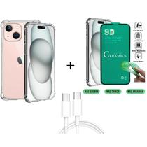 Kit Capa Capinha Transparente + Película de Cerâmica + Cabo Tipo C para Iphone 15 Plus