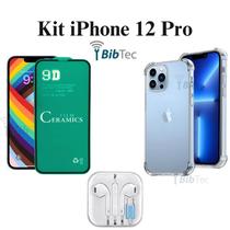 Kit Capa Capinha Transparente + Película de Cerâmica + Fone de Ouvido para Iphone 12 Pro