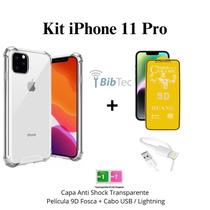 Kit Capa Capinha Transparente Película de Cerâmica Fosca Cabo IOS/USB para Iphone 11 Pro