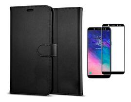 Kit Capa Carteira Flip Preta + Película 3D De Vidro Para Samsung Galaxy J8 2018