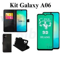 Kit Capa Carteira Flip Preta + Película 9D de Cerâmica para Samsung Galaxy A06