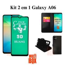 Kit Capa Carteira Flip Preta + Película 9D de Cerâmica para Samsung Galaxy A06